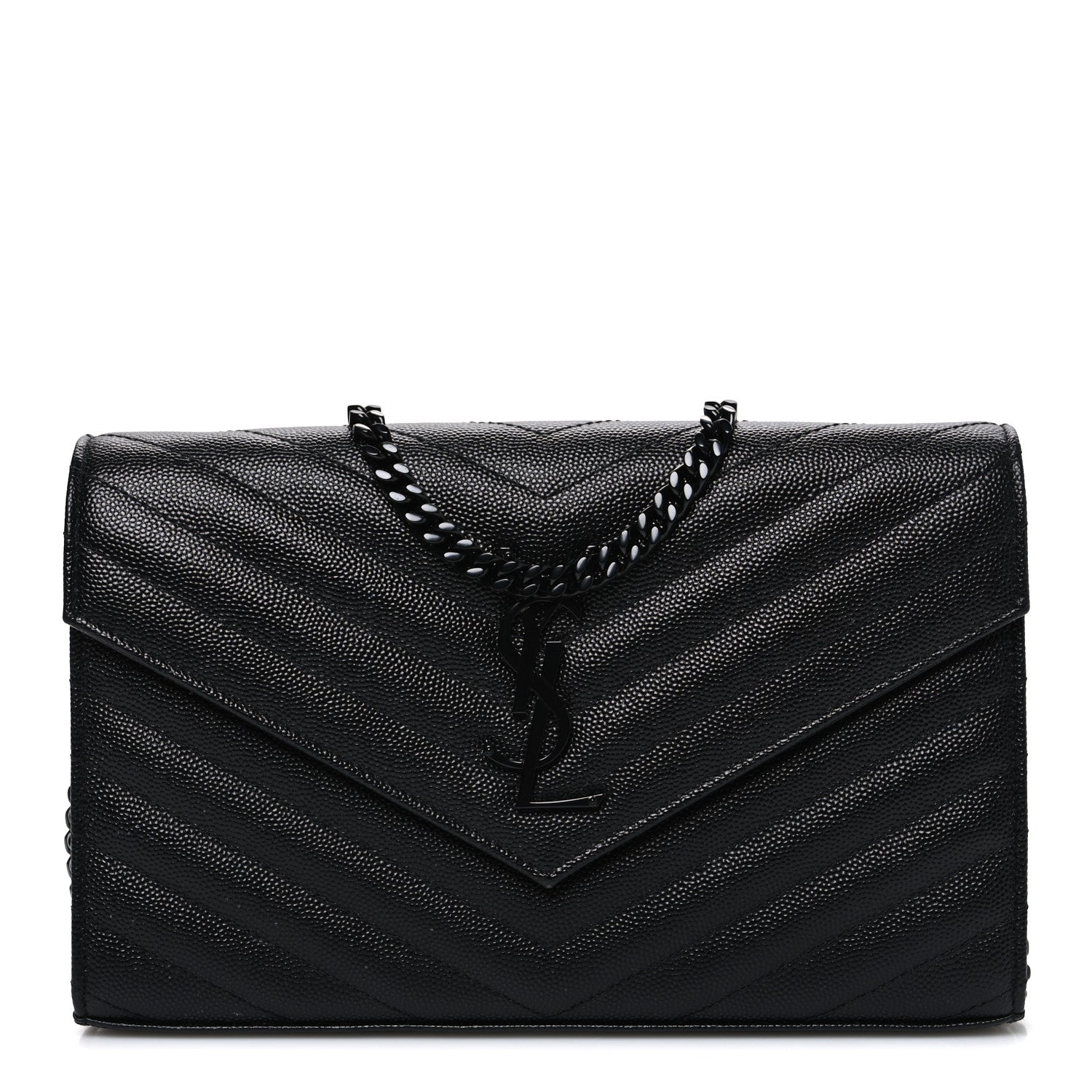 Saint Laurent Grain De Poudre Matelasse Chevron Monogram Monochrome Chain Wallet Black 1 of 10