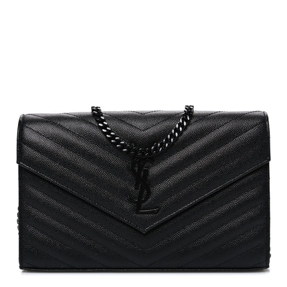 Saint Laurent Grain De Poudre Matelasse Chevron Monogram Monochrome Chain Wallet Black 1 of 10