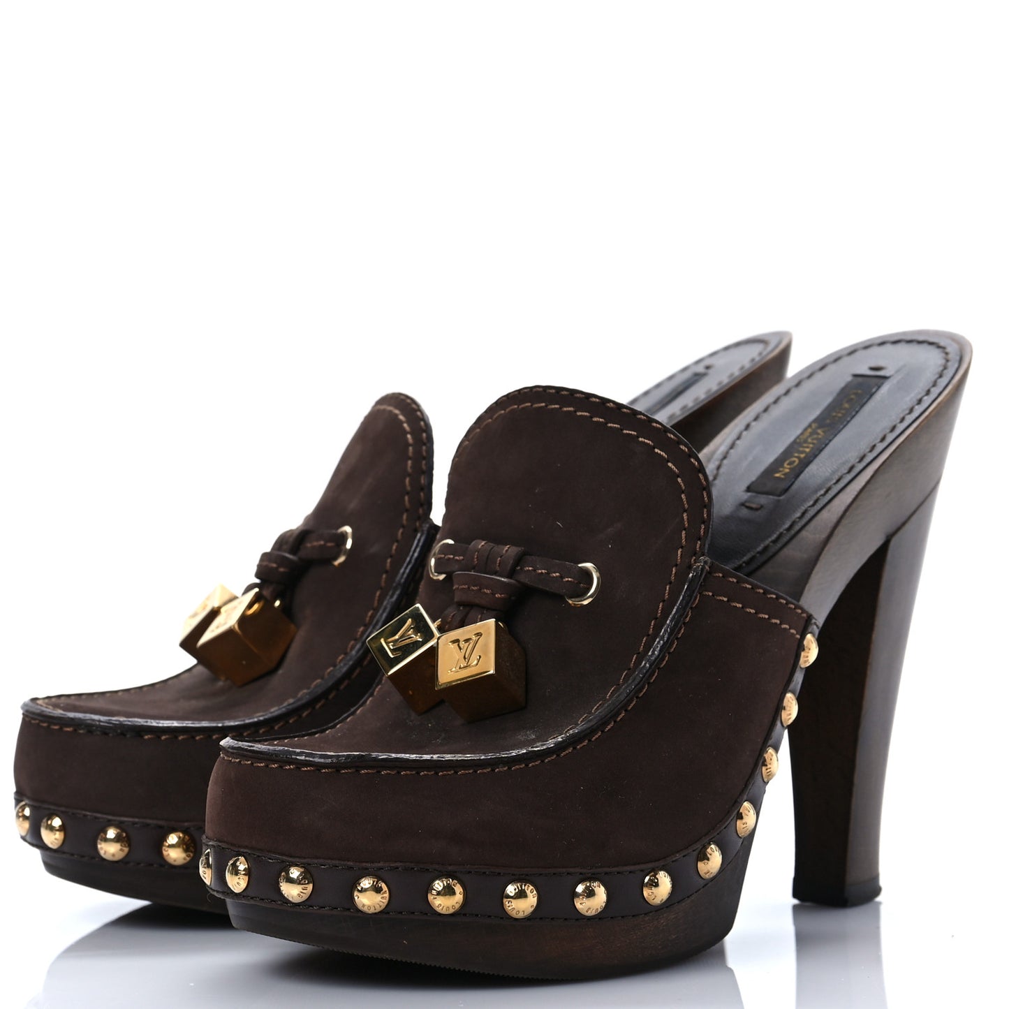 Suede Wood Studded Platform Clogs Mules 36 Brown