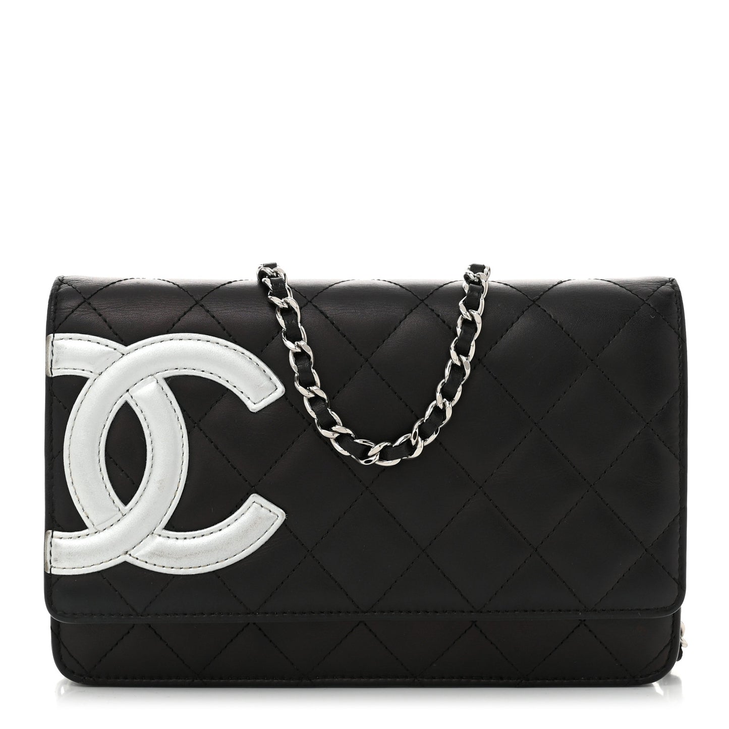 Calfskin Quilted Cambon Wallet on Chain WOC Black Silver