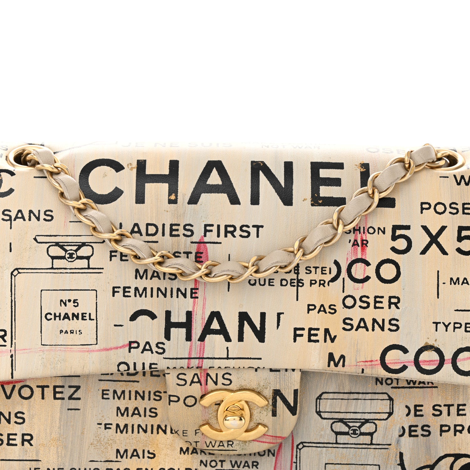 Chanel Lambskin Painted Feministe Newsprint Medium Double Flap Ecru Black 8 of 13