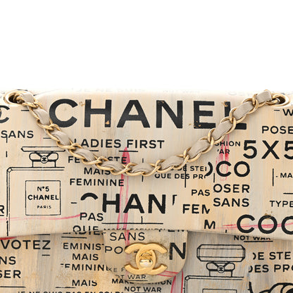 Chanel Lambskin Painted Feministe Newsprint Medium Double Flap Ecru Black 8 of 13