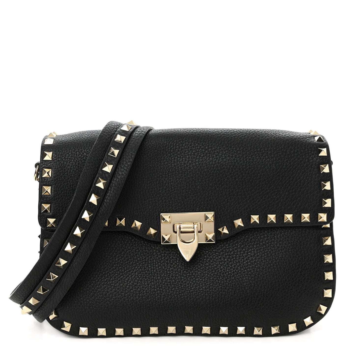 Pebbled Calfskin Medium Rockstud Flap Saddle Bag Black