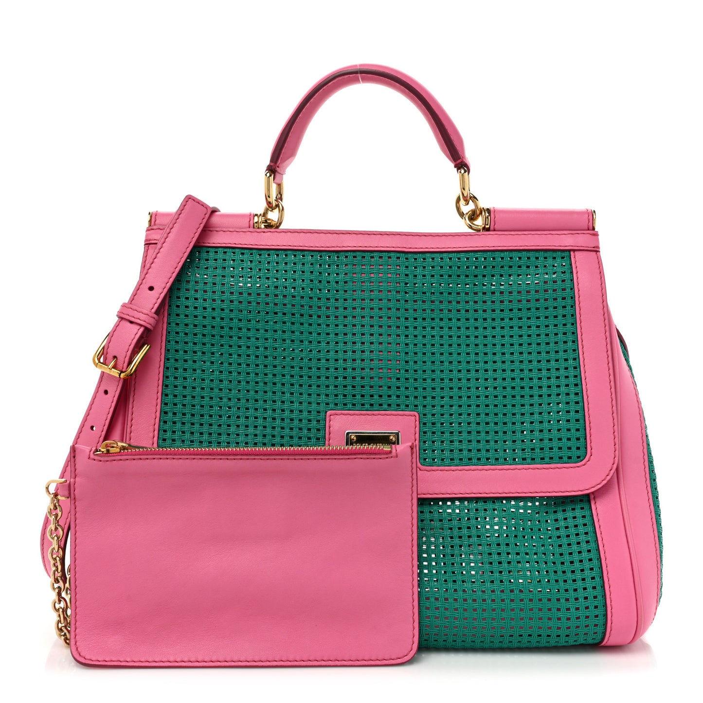 Woven Raffia Calfskin Large Miss Sicily Satchel Green Pink