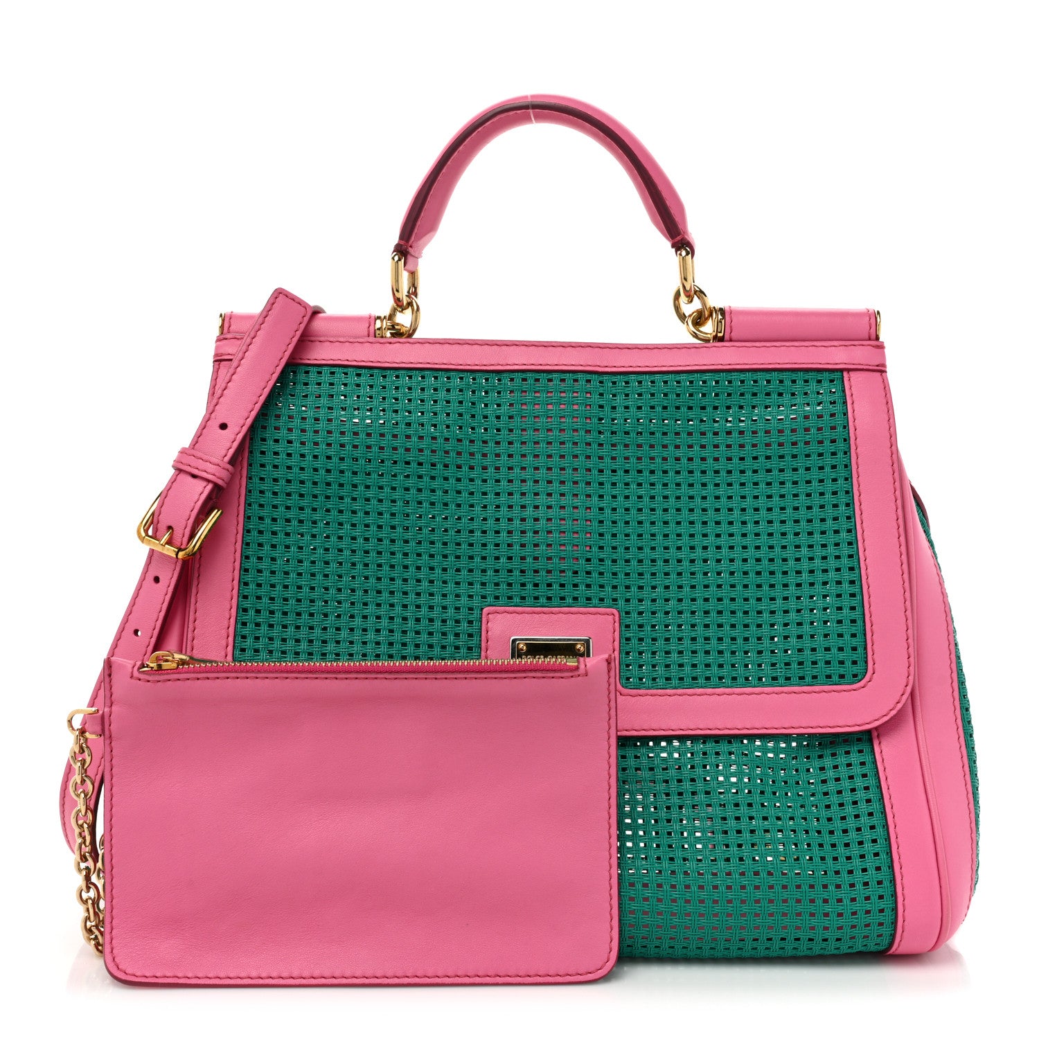 Dolce & Gabbana Woven Raffia Calfskin Large Miss Sicily Satchel Green Pink 3 of 17