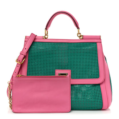 Dolce & Gabbana Woven Raffia Calfskin Large Miss Sicily Satchel Green Pink 3 of 17
