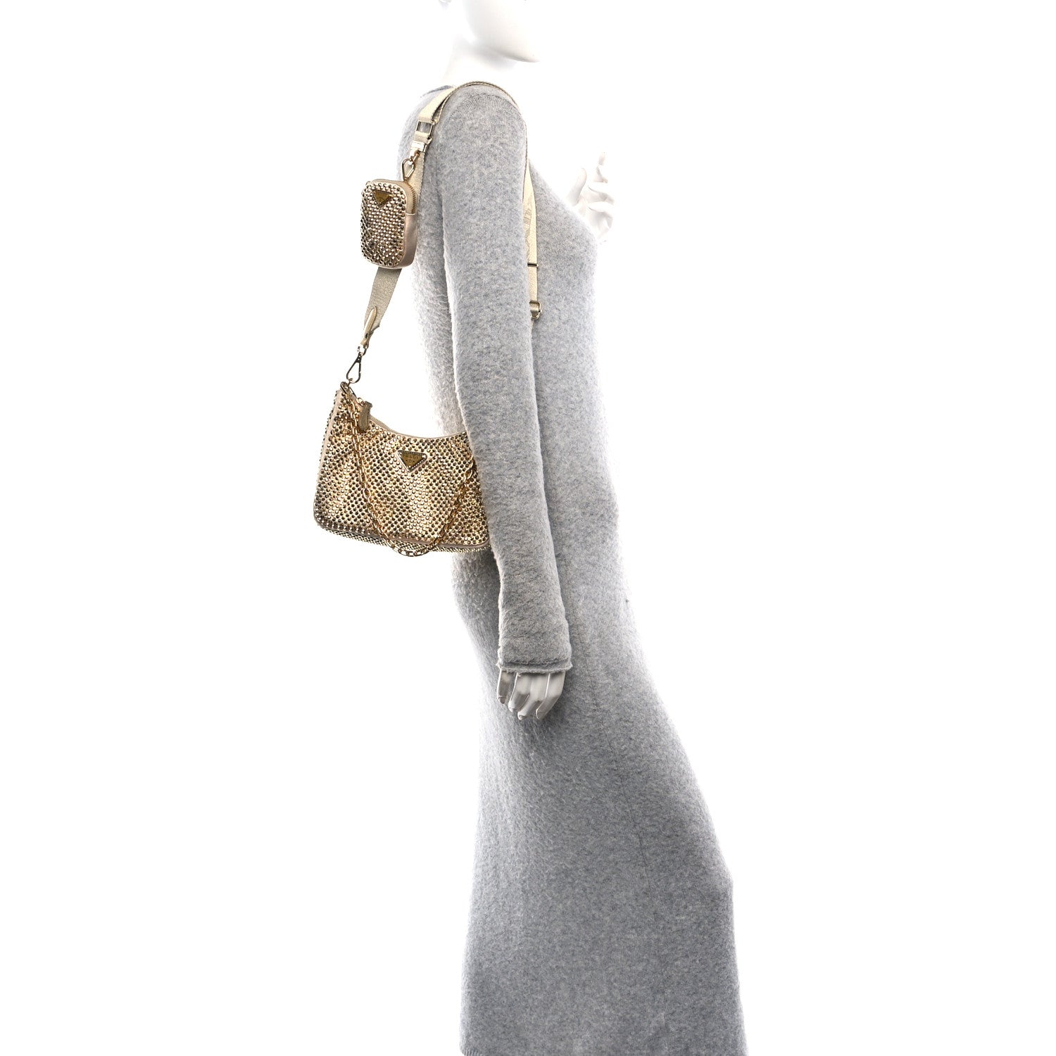 Prada Satin Crystal Re-Edition 2005 Shoulder Bag Platino 2 of 10