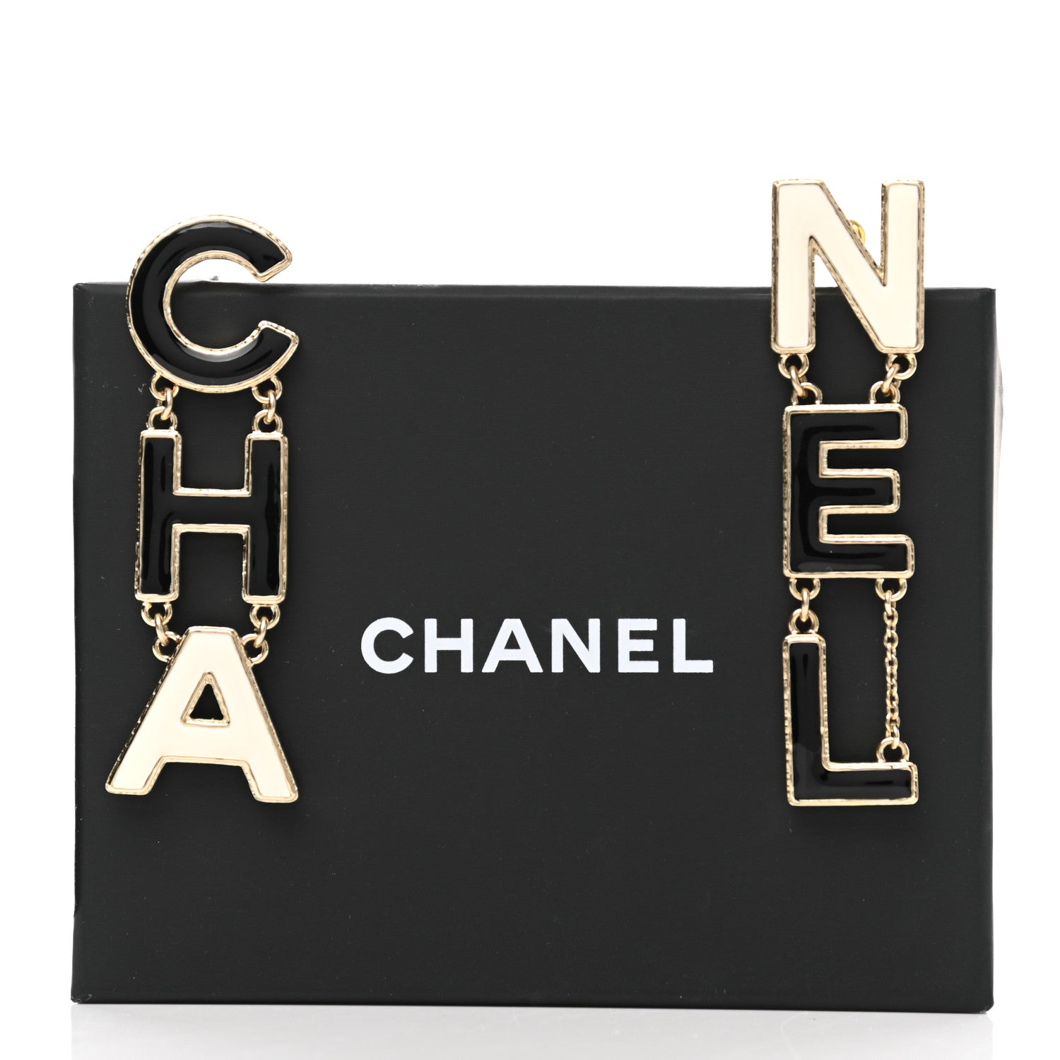 Chanel Metal Enamel Cha-Nel Logo Drop Earrings Black White 5 of 5