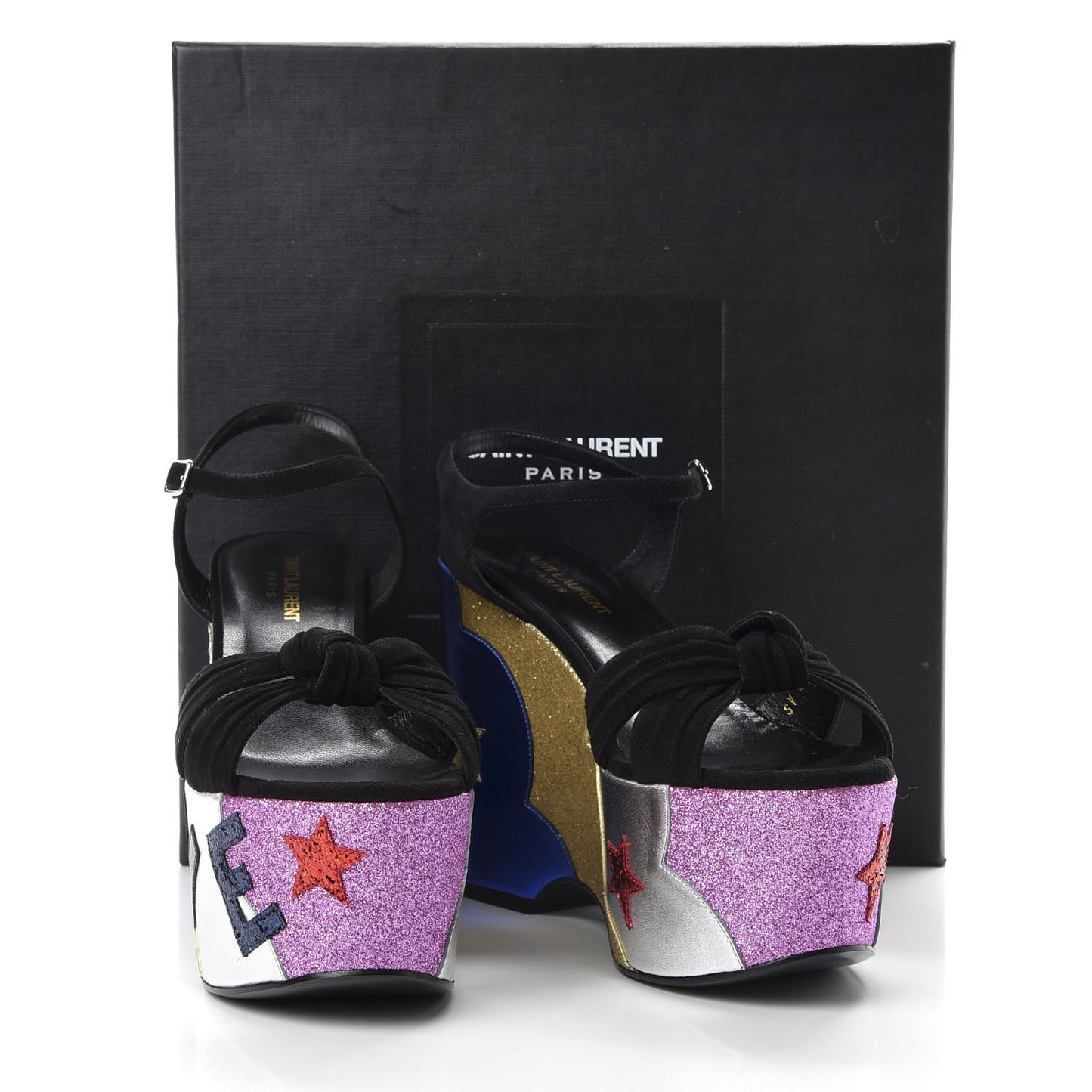 Suede Glitter Calfskin Candy Love Platform Wedge Sandals 40 Black Multicolor