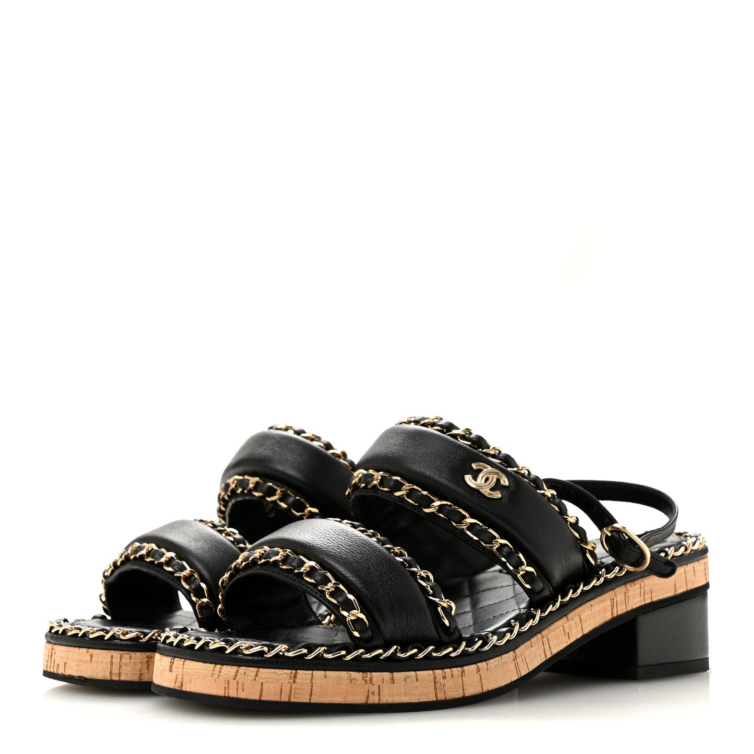 Chanel Lambskin Cork Chain Sandals 36 Black 4 of 9