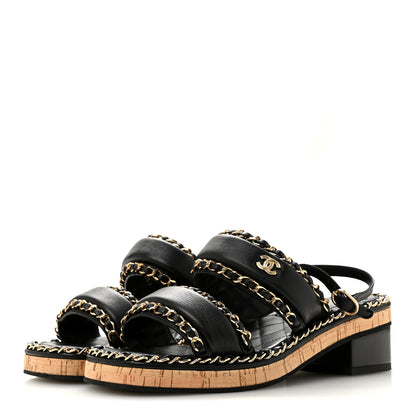 Chanel Lambskin Cork Chain Sandals 36 Black 4 of 9