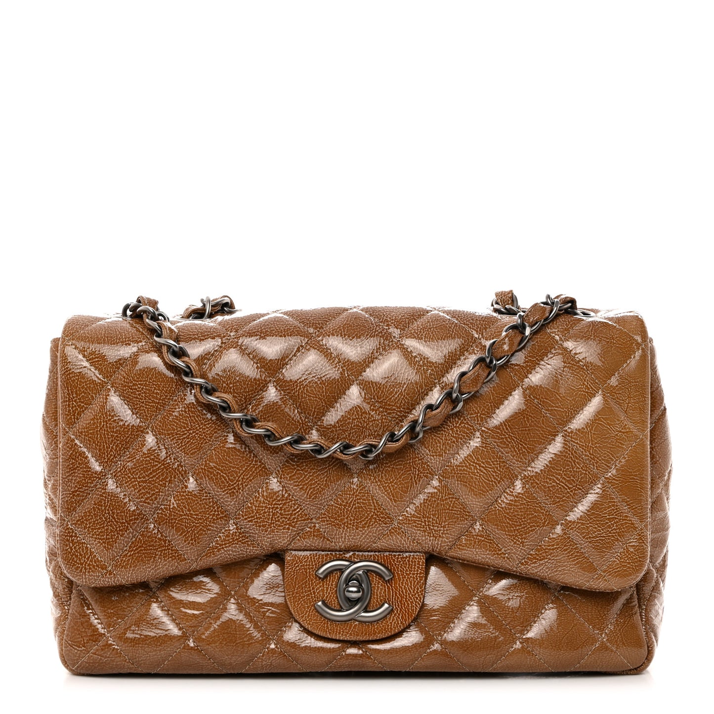 Crinkled Patent Quilted Jumbo Single Flap Camel Beige
