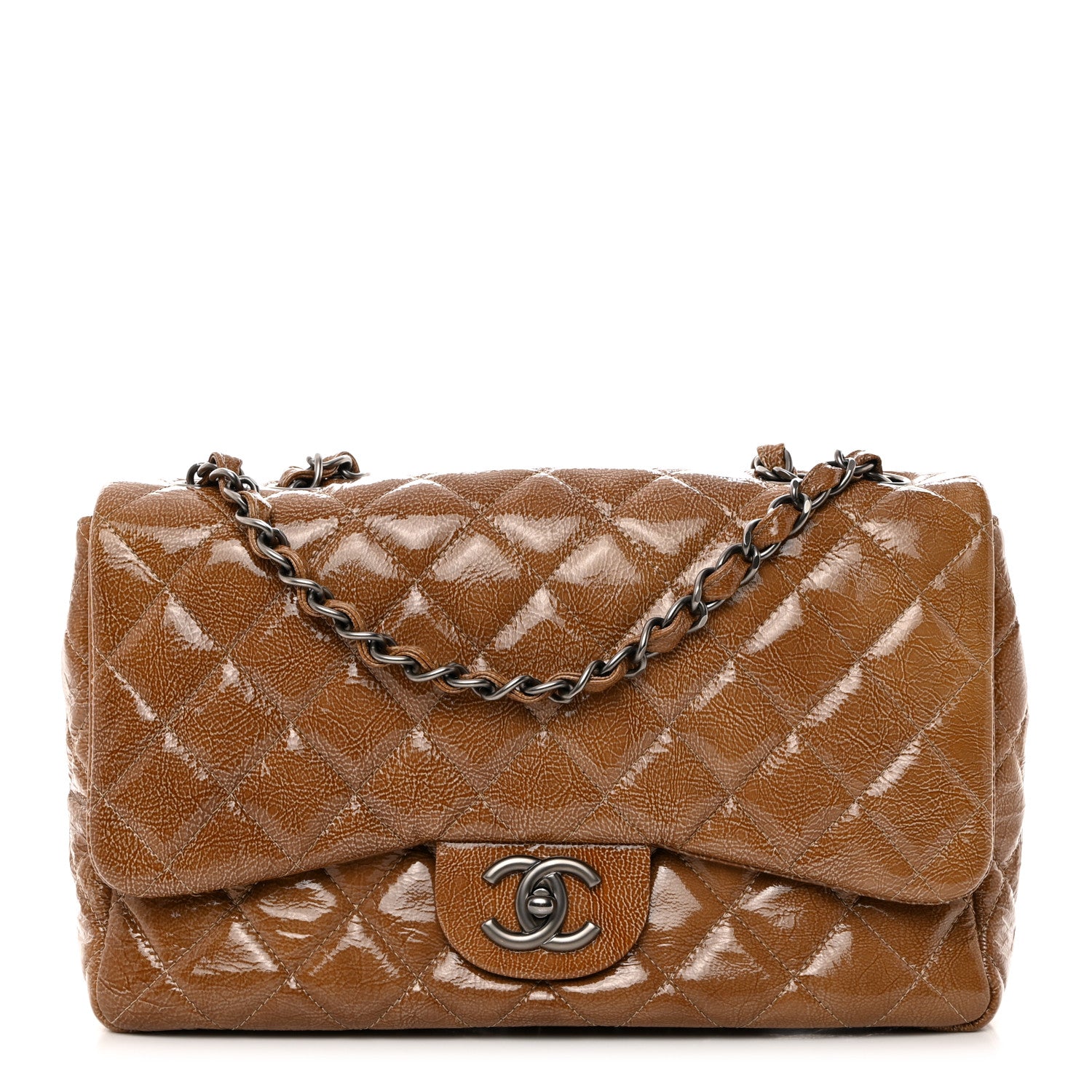 Chanel Crinkled Patent Quilted Jumbo Single Flap Camel Beige 1 of 10
