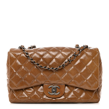 Chanel Crinkled Patent Quilted Jumbo Single Flap Camel Beige 1 of 10