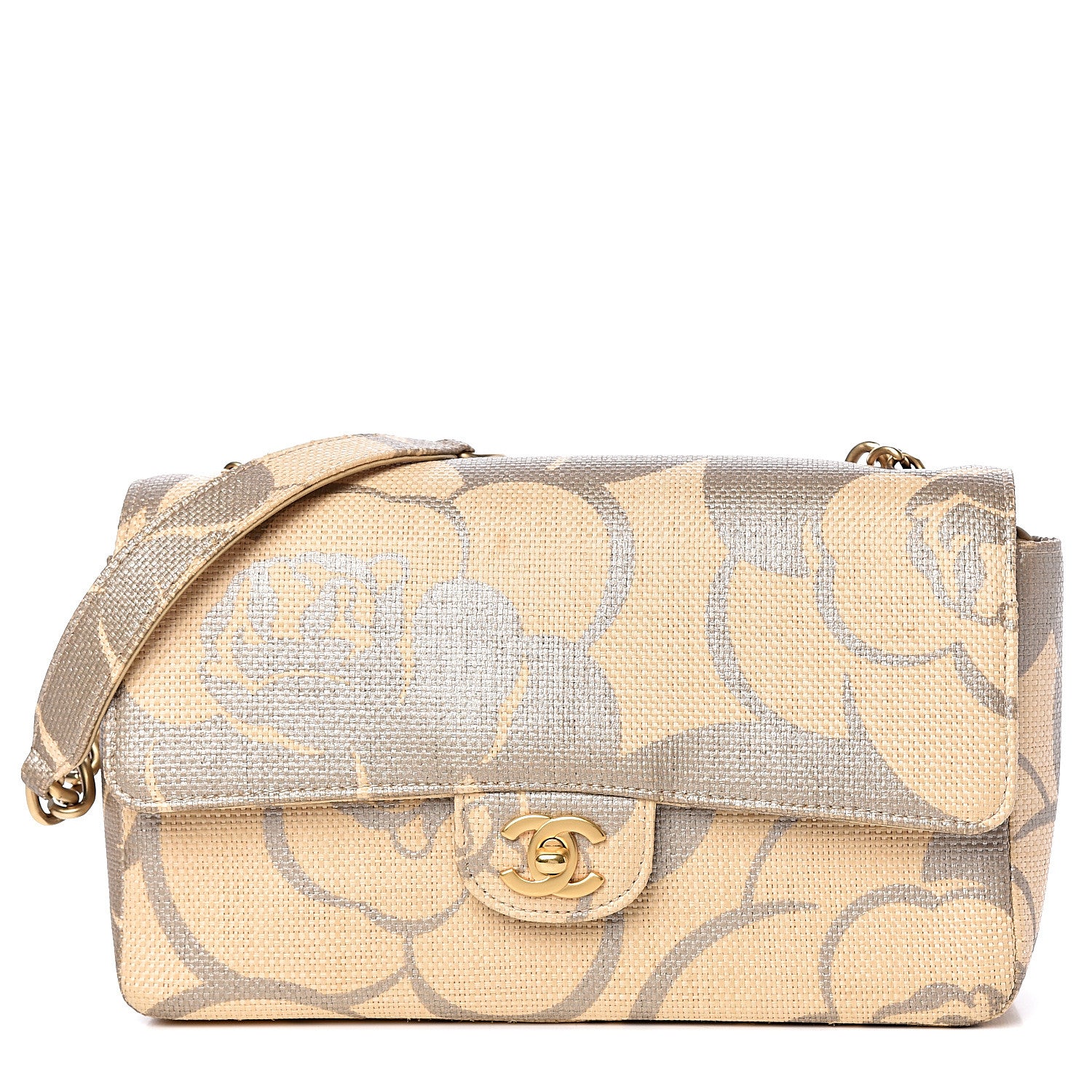 Chanel Woven Straw Camellia Print Medium Single Flap 1 of 12