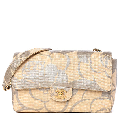 Chanel Woven Straw Camellia Print Medium Single Flap 1 of 12