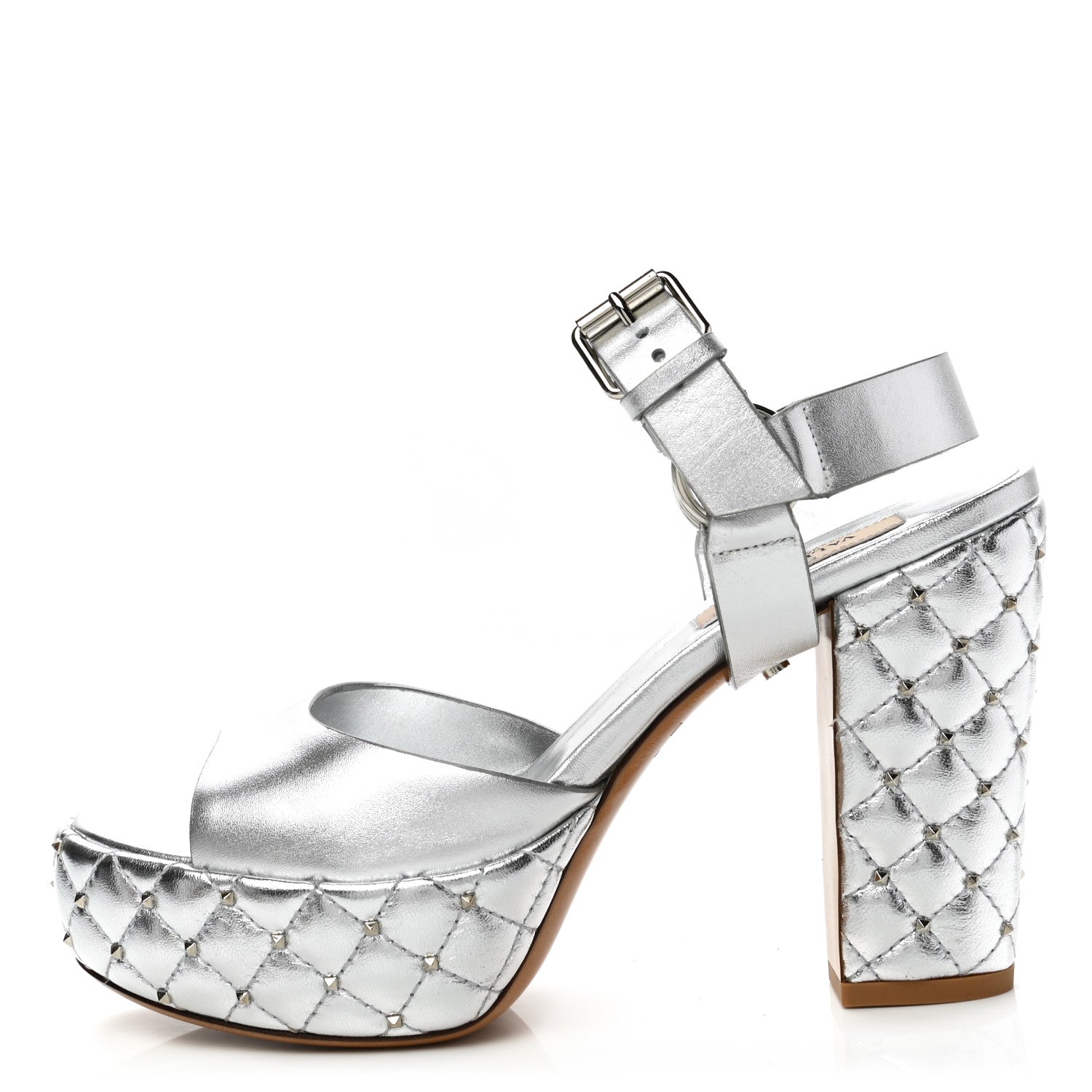 Valentino Garavani Metallic Nappa Quilted Rockstud Spike Platform Sandals 36 Silver 1 of 11