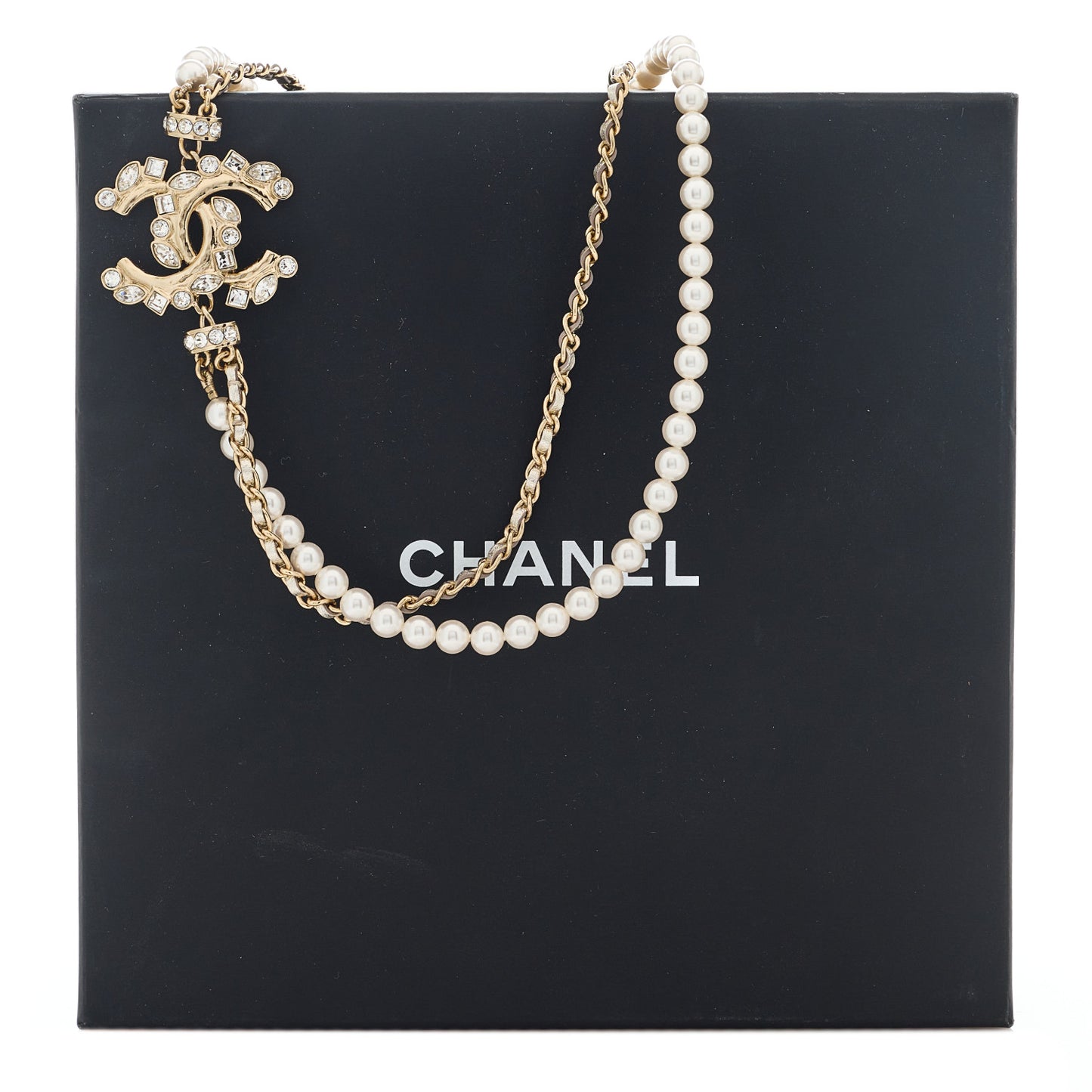 Pearl Crystal Baguette Lambskin CC Double Strand Necklace Gold White