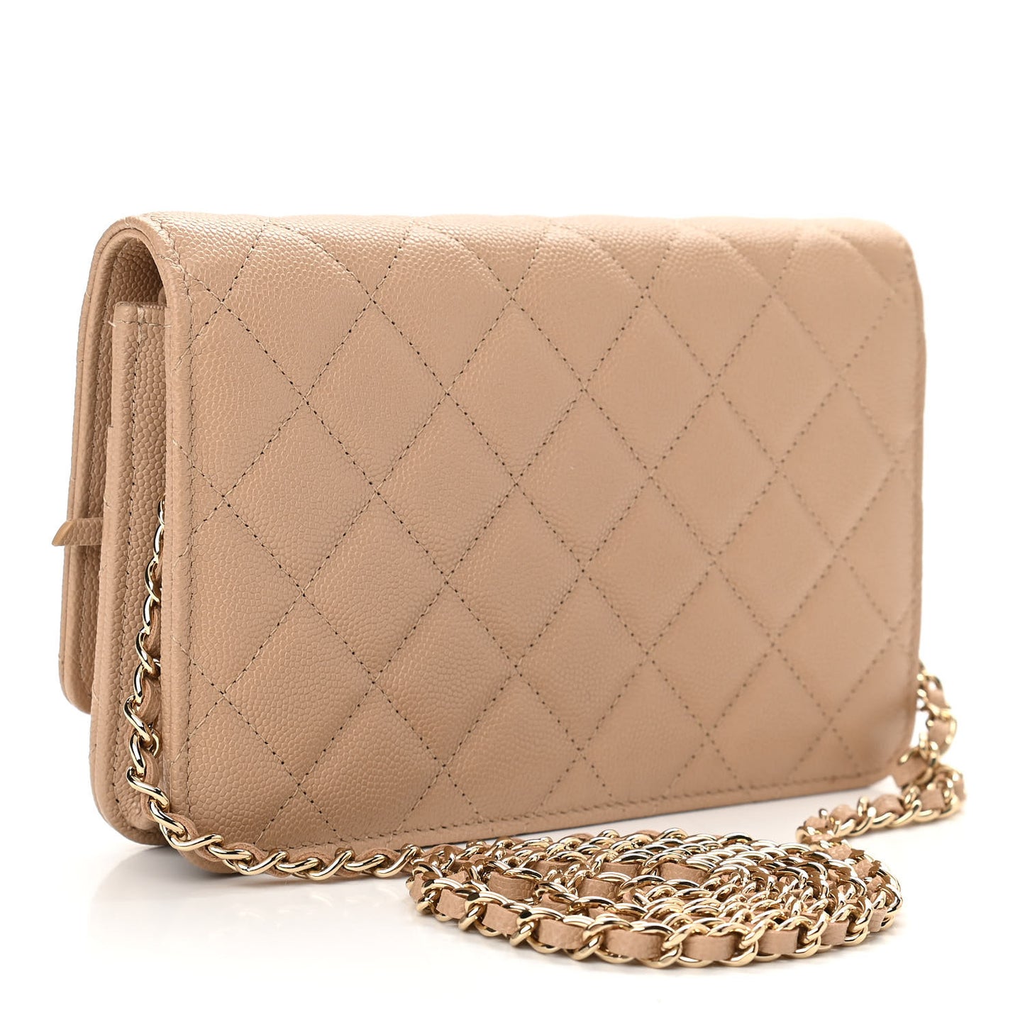 Caviar Quilted Crystal CC Wallet On Chain WOC Beige
