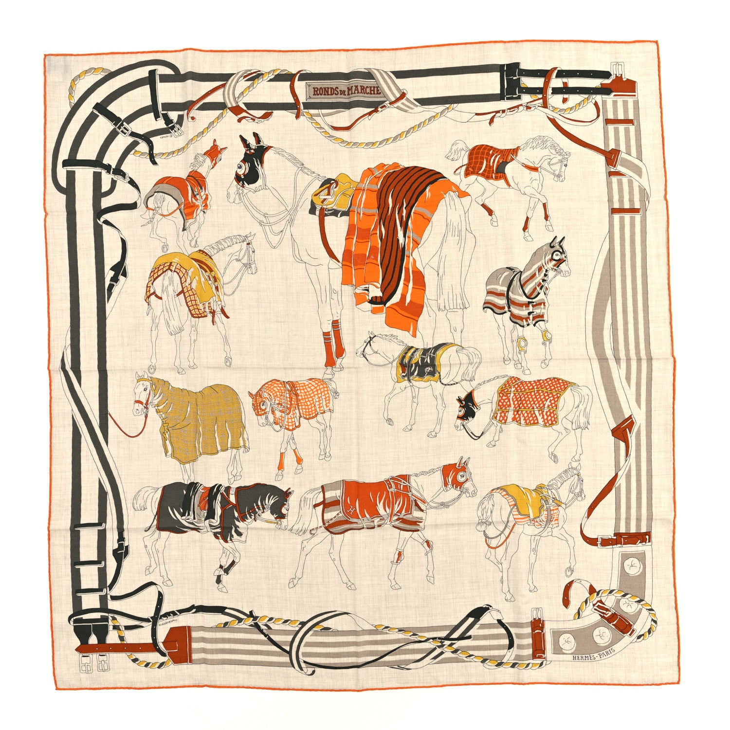 Hermes Cashmere Silk Rounds De Marche Scarf 100 Naturel Orange Basalte 1 of 3