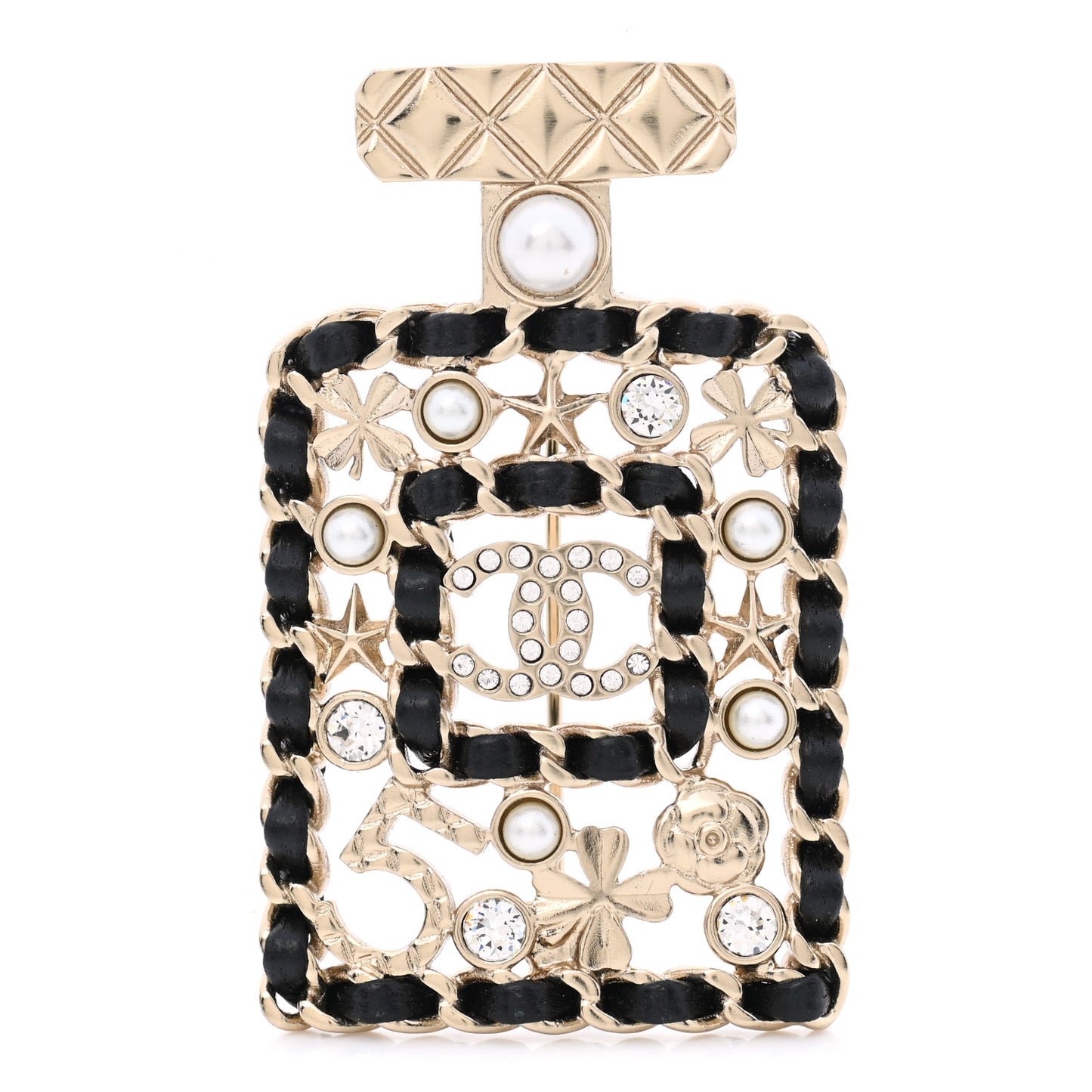Lambskin Pearl Quilted Chain CC Perfume Bottle Brooch Gold