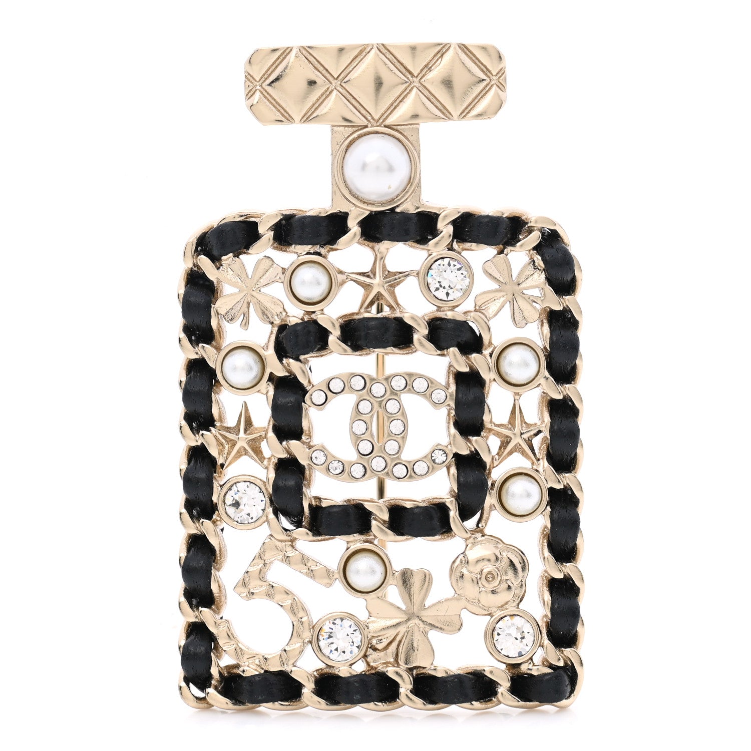 Chanel Lambskin Pearl Quilted Chain CC Perfume Bottle Brooch Gold 1 of 5