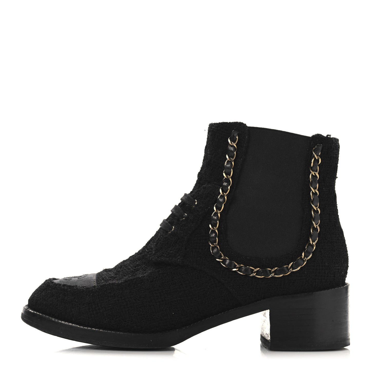 Tweed Calfskin Chain Lace Up Boots 37.5 Black