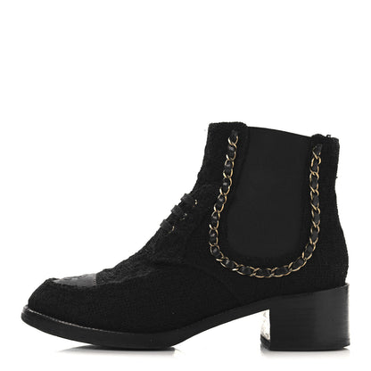 Chanel Tweed Calfskin Chain Lace Up Boots 37.5 Black 1 of 9