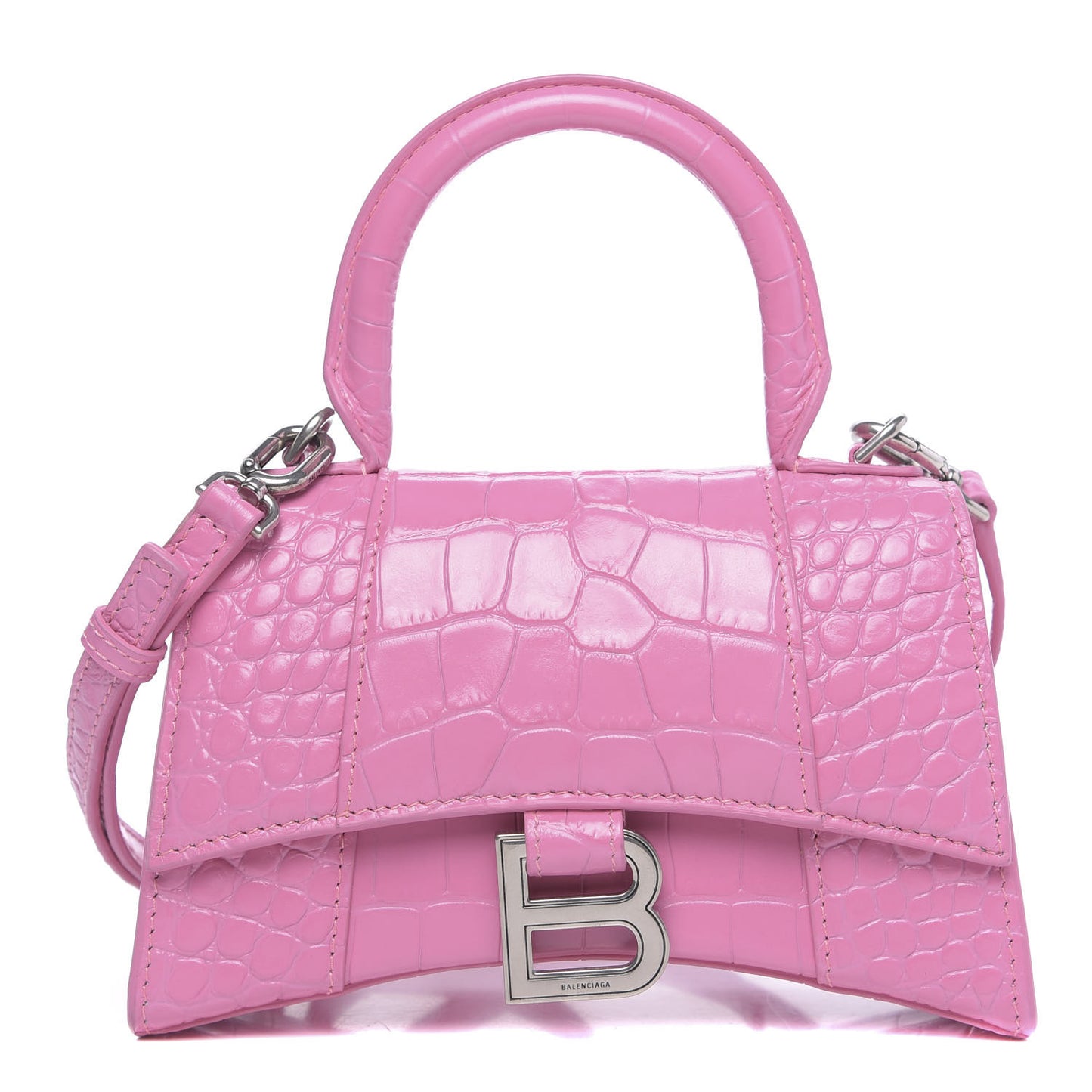 Shiny Calfskin Crocodile Embossed Hourglass Top Handle Bag XS Baby Pink