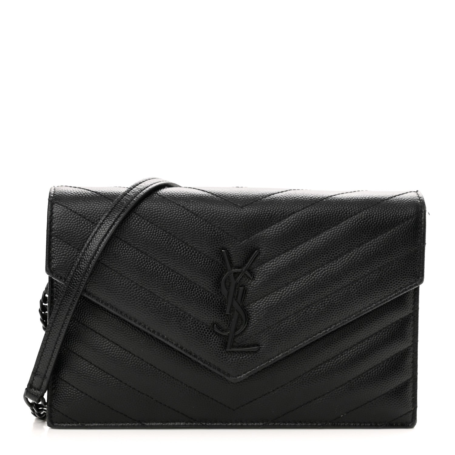 Saint Laurent Grain De Poudre Matelasse Chevron Monogram Monochrome Envelope Chain Wallet Black 1 of 11