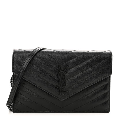 Saint Laurent Grain De Poudre Matelasse Chevron Monogram Monochrome Envelope Chain Wallet Black 1 of 11