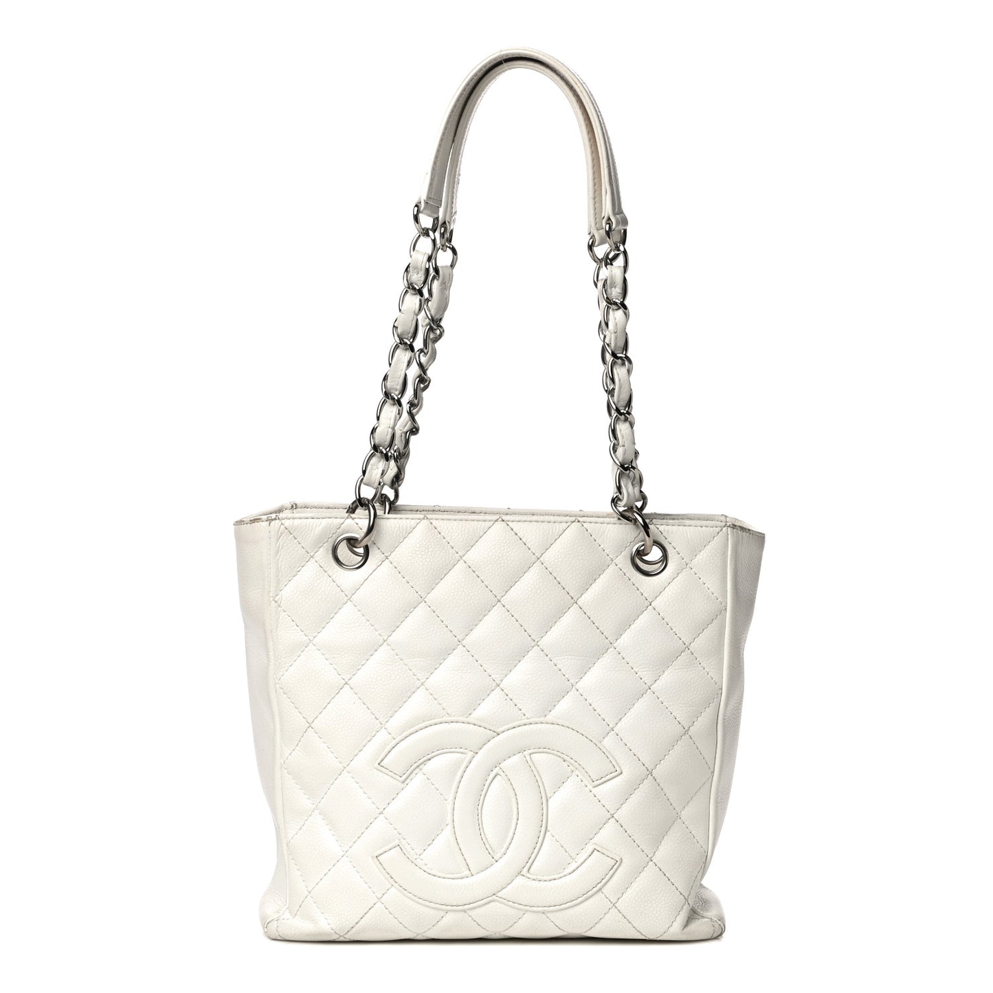 Caviar Quilted Petit Shopping Tote PST White