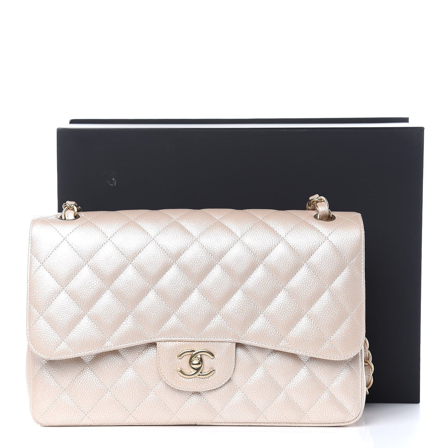 Pearly Caviar Quilted Jumbo Double Flap Light Beige