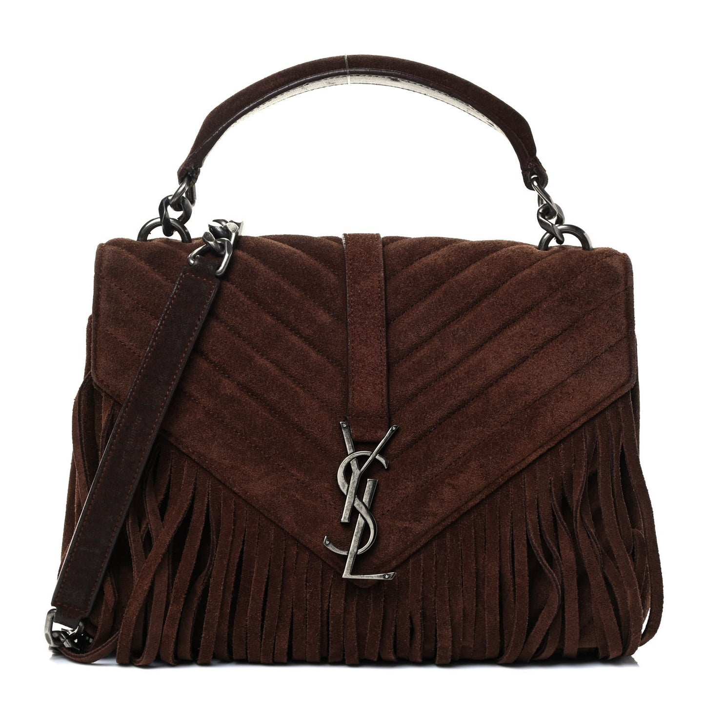 Suede Matelasse Chevron Fringe Monogram Medium College Bag Marron Clair