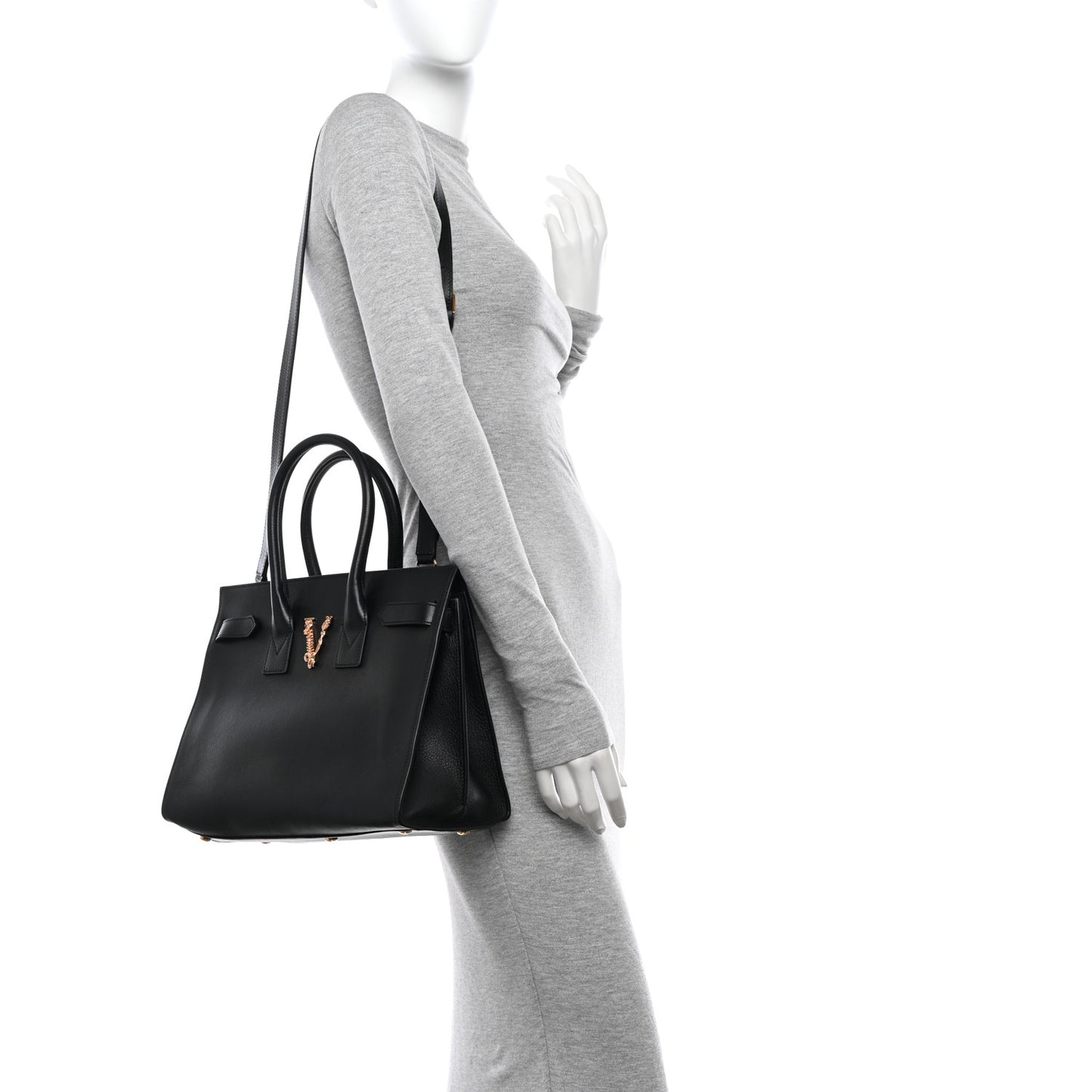 Grained Calfskin Large Virtus Top Handle Shoulder Bag Black