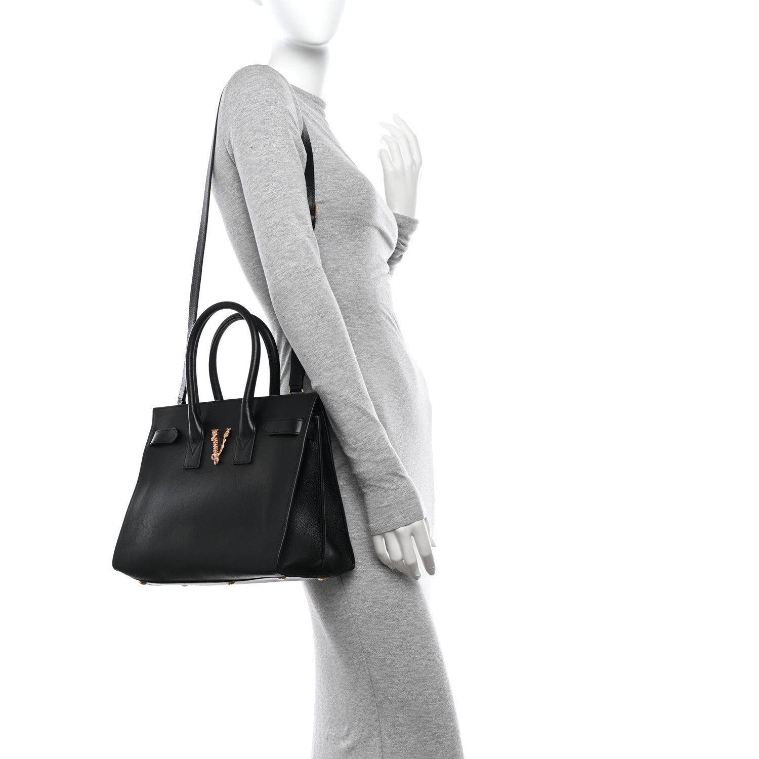 Versace Grained Calfskin Large Virtus Top Handle Shoulder Bag Black 2 of 12
