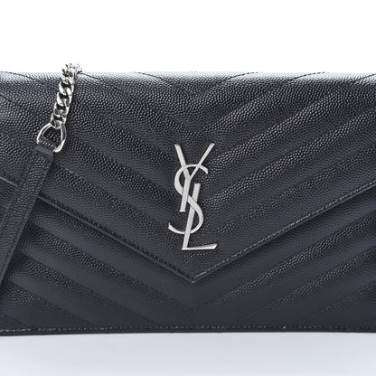 Saint Laurent Grain De Poudre Matelasse Chevron Monogram Envelope Chain Wallet Black 8 of 11