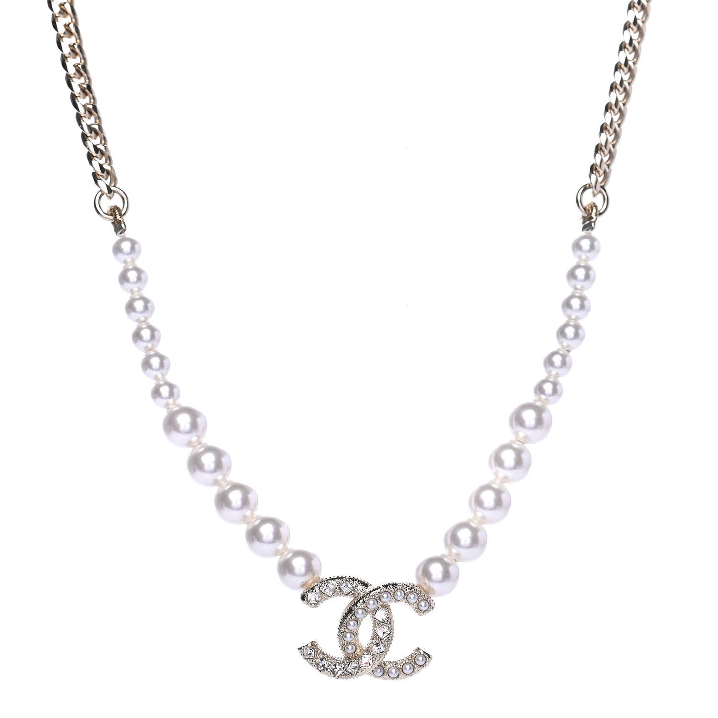 Pearl Crystal Chain CC Necklace Gold