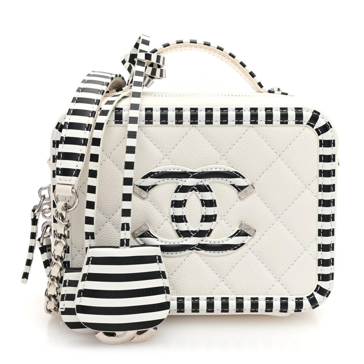 Caviar Quilted Striped Small CC Filigree Vanity Case White Black