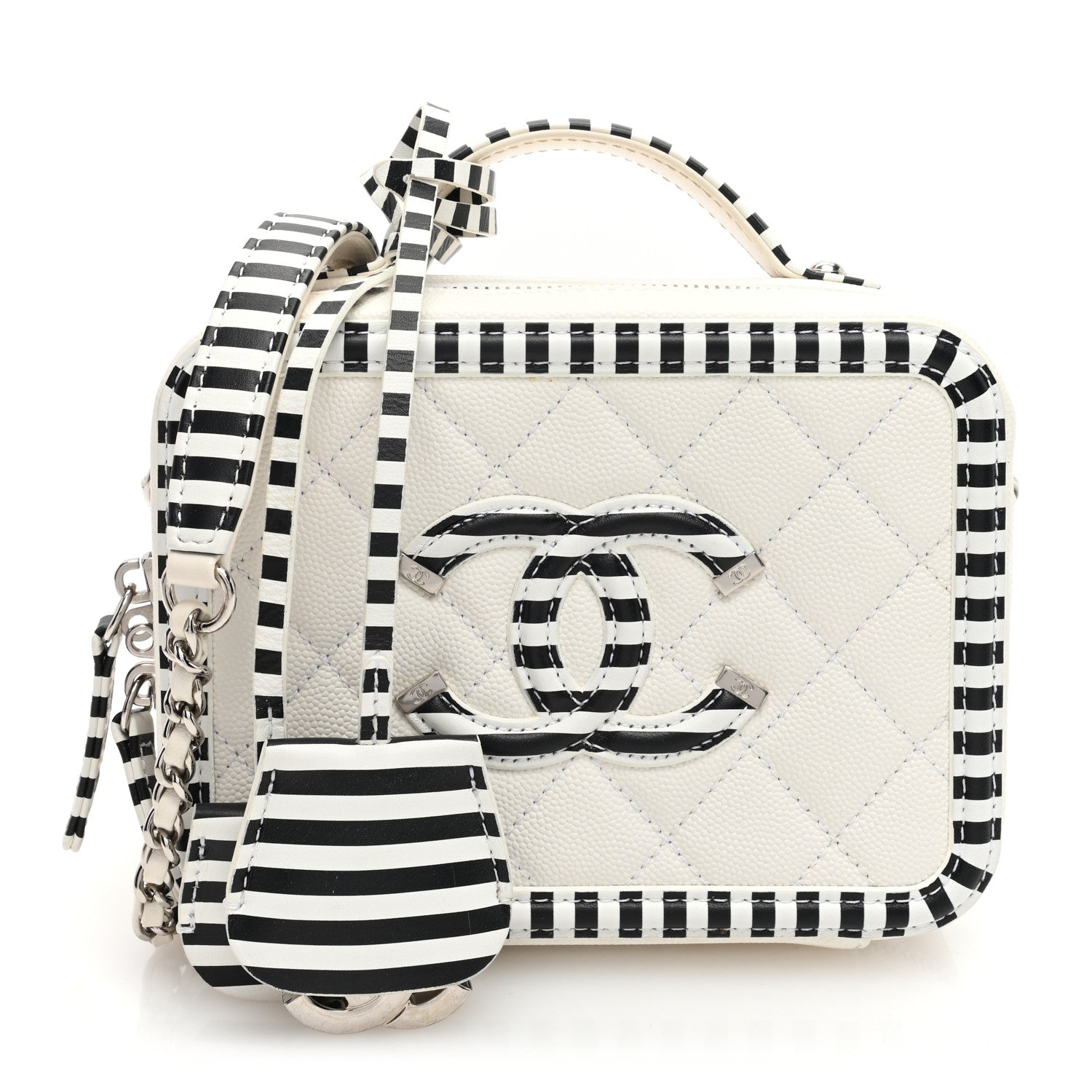 Chanel Caviar Quilted Striped Small CC Filigree Vanity Case White Black 1 of 10