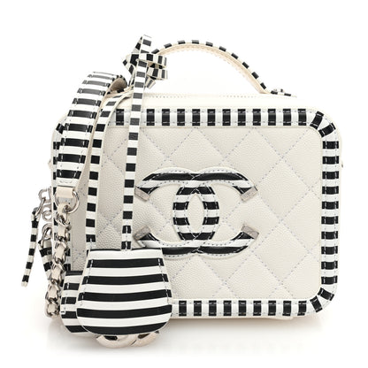 Chanel Caviar Quilted Striped Small CC Filigree Vanity Case White Black 1 of 10