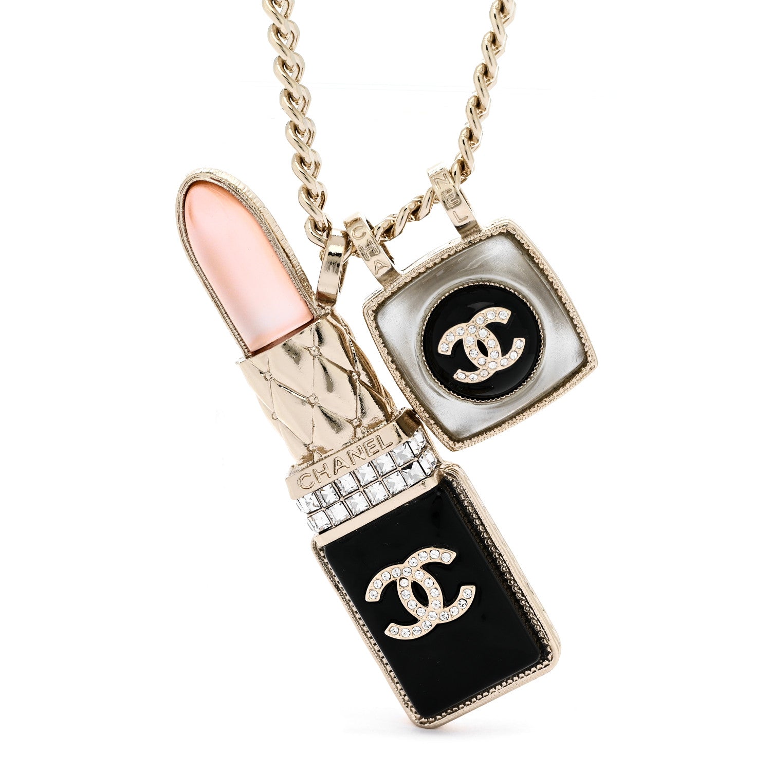 Chanel Metal Strass Pearl Lipstick Pendant Necklace Pink Gold 4 of 6