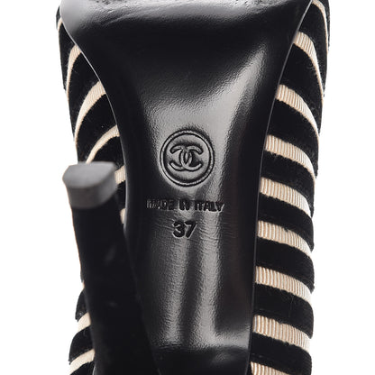 Chanel Velvet Stripe Cap Toe Pumps 37 Black Beige 9 of 12