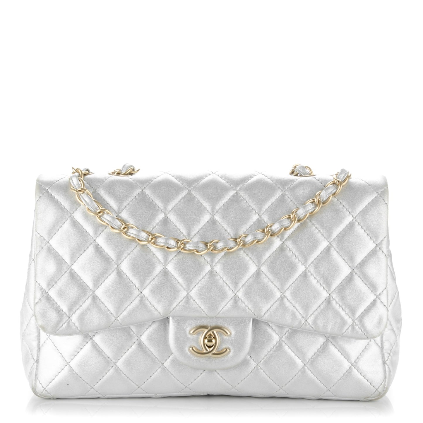 Metallic Lambskin Quilted Jumbo Single Flap Silver