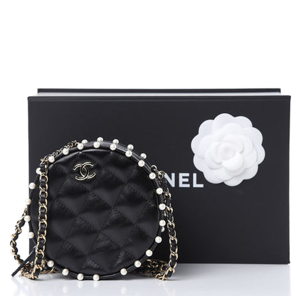 Chanel Calfskin Quilted Pearl Round Clutch With Chain Black 10 of 10