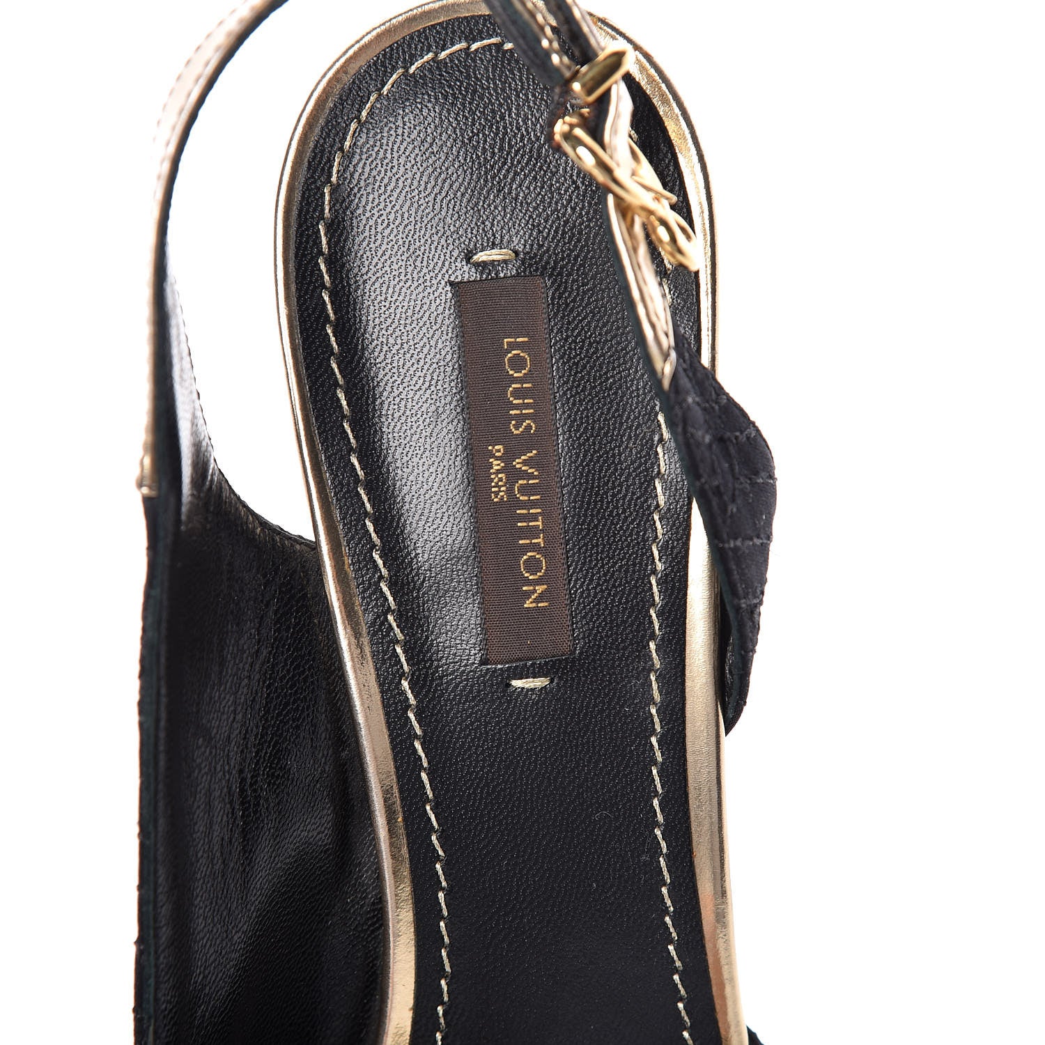 Louis Vuitton Satin Monogram Motard Piccadilly Platform Slingback Pumps 37.5 Black Gold 9 of 9