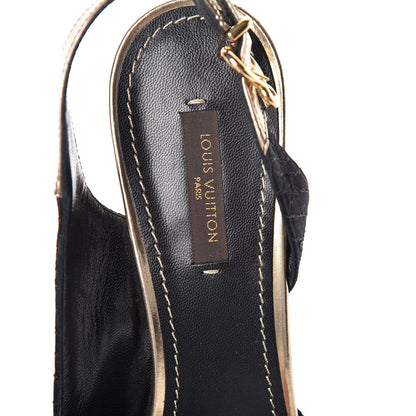 Louis Vuitton Satin Monogram Motard Piccadilly Platform Slingback Pumps 37.5 Black Gold 9 of 9