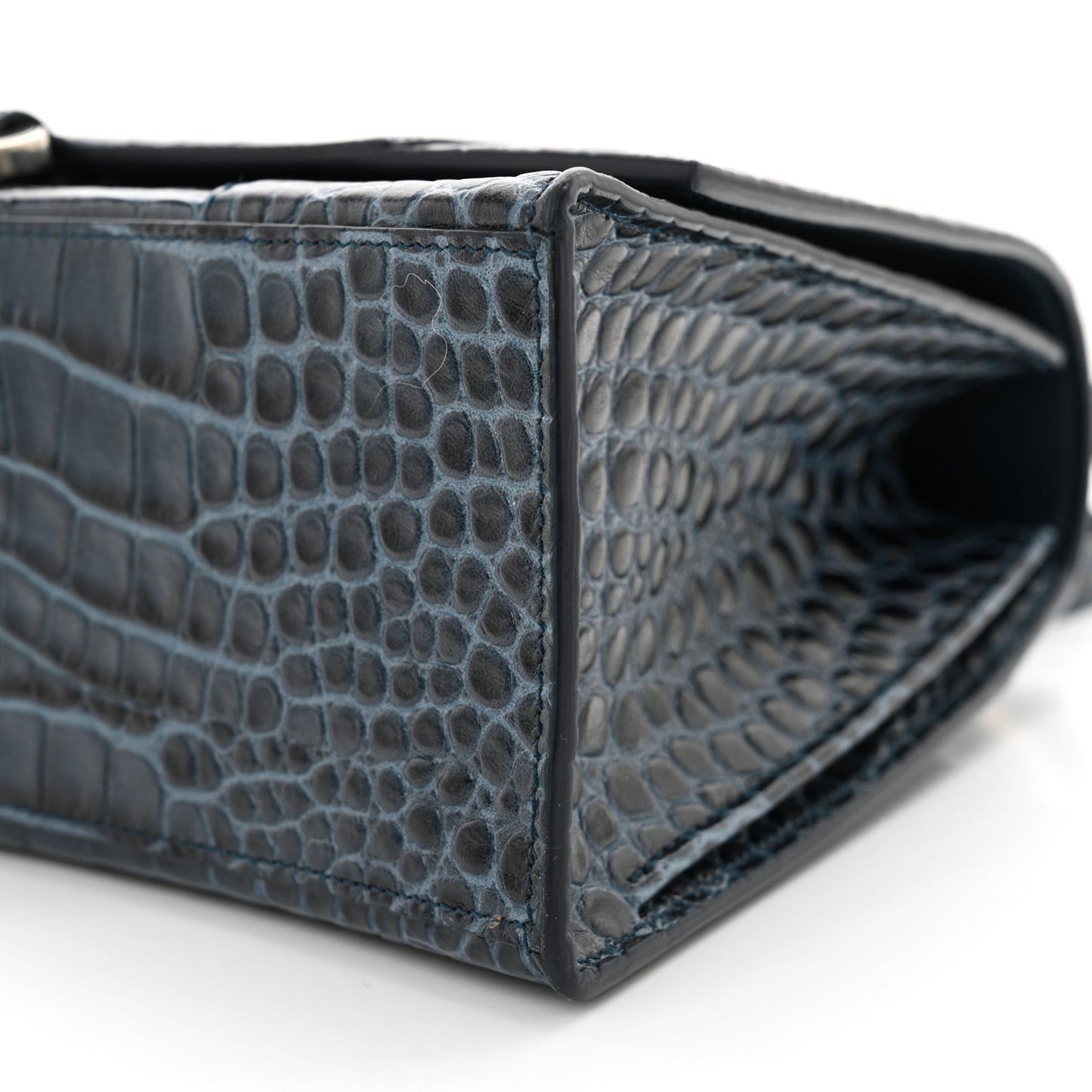 Shiny Calfskin Crocodile Embossed Medium Hourglass Top Handle Bag Denim Blue