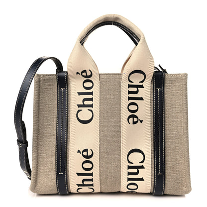 Chloe Cotton Calfskin Small Woody Ribbon Tote With Strap White Navy 1 of 9