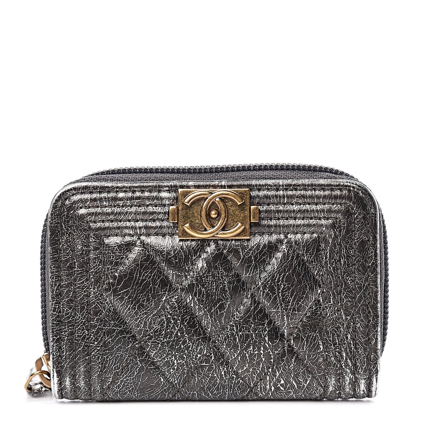 Cracked Metallic Calfskin Quilted Boy Zip Around Coin Purse Wallet Dark Silver